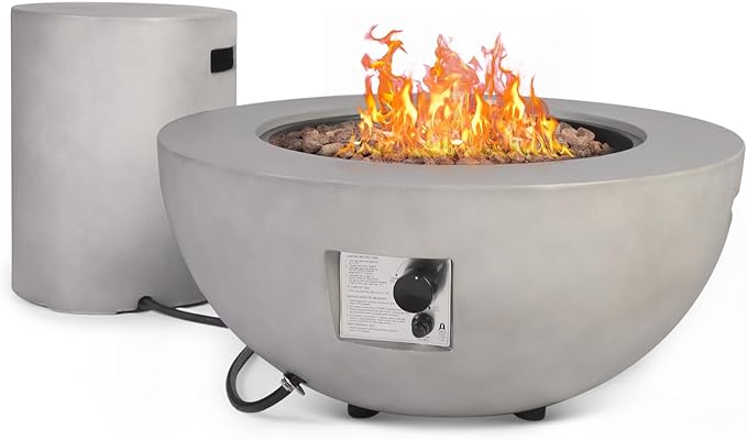 31.5" Round Propane Fire Pit Table,50,000 BTU Outdoor Gas Fire Table with Tank Cover & Lid,Gray Concrete Firepit for Patio,Backyard,Garden and Pool