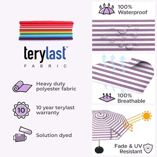 Midtown Umbrellas Push and Pop 10 Feet Outdoor Umbrella, Purple/White Stripes Polyester Fabric - Fiberglass Ribs Deck Patio Umbrella, Backyard Umbrella, Garden Umbrella & Pool Umbrella - Black Pole