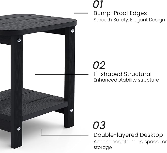 UQQUUNIQ 2-Tier Outdoor Side Table, 16" Adirondack Small Side Table All Weather Resistant, Patio End for Outside or Indoor, Patio, Yard, Pool, Porch, Garden, Black