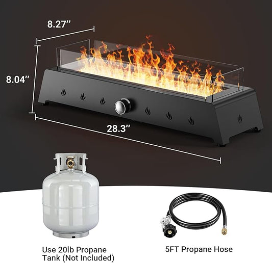 28'' Tabletop Fire Pit Table, 40,000 BTU Propane Fire Pit with Bottom Air Intake and Umbrella Hole, Outdoor Portable Fireplace Rectangular Fire Bowl w/Wind Glass Shield, Laval Rocks - Black