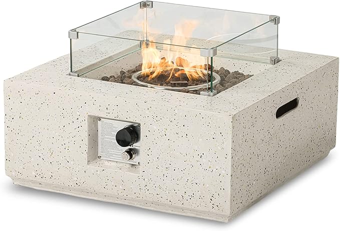 SUNBURY Outdoor 28 Inch Propane Fire Pit Table, Square Fire Table w Glass Wind Guard, 40,000 BTU Spotted White Patio Gas Fire Table Waterproof Cover, Lava Rocks
