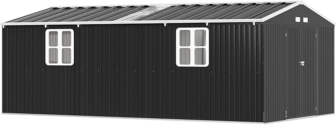 AMERLIFE 12x20x7.2 FT Outdoor Storage Shed with 2 Transparent Panels, Metal Garden Shed with Hinged Double Doors, Windows & Vents, Reinforced Steel Frame for Backyard Garden, DIY Workshop, Dark Gray