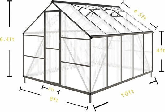 CQZY 8x10 FT Greenhouse for Outdoors, Polycarbonate Greenhouse with Quick Setup Structure and Roof Vent, Aluminum Large Walk-in Green House for Outside Garden Backyard,Dark Gray