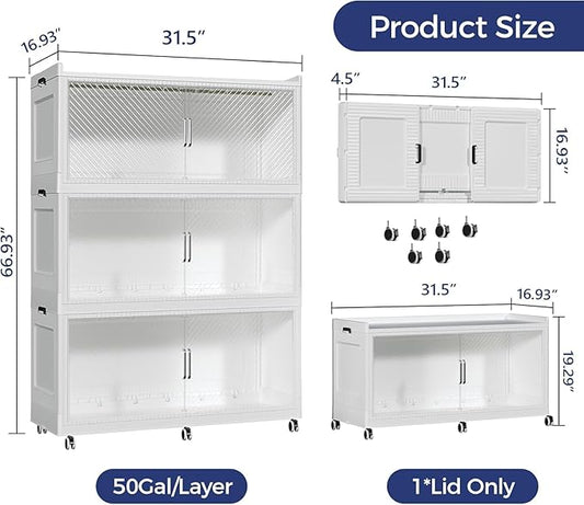 600QT Extra Large Storage Bins with Lid and Wheels, 150Gal Stackable Closet Organizers and Storage Cabinet, Collapsible Storage Box with Doors for Home Kitchen Office Dorm, 3Pack White Clear