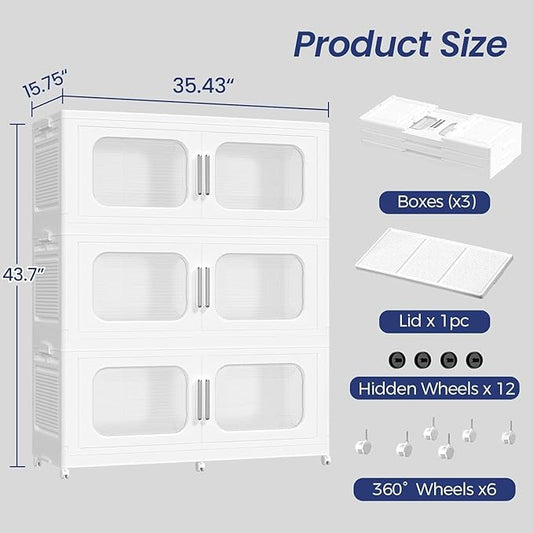600QT Large Stackable Storage Bins with Lid, 150Gal Plastic Collapsible Closet Organizers Drawers Box with Wheels, Folding Cabinet Containers with Doors for Home Kitchen Office, 3Pack White