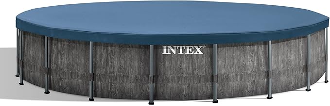 Intex Prism Frame Round Above Ground Outdoor Swimming Pool Set with Filter Pump, Ladder, Ground Cloth, and Pool Cover, Greywood
