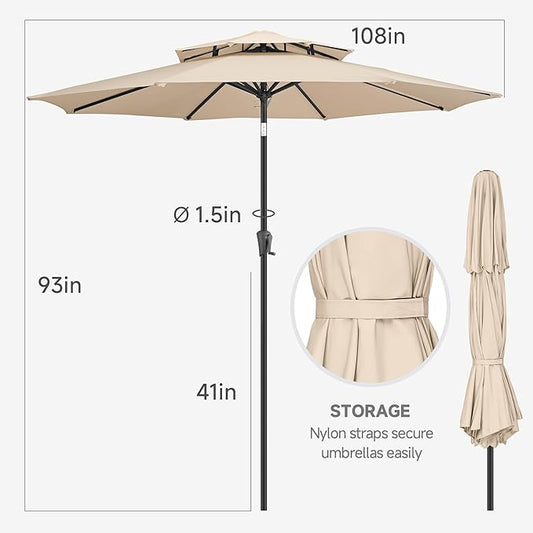 FLAME&SHADE 9ft Patio Umbrella - 2 Tiers Outdoor Umbrella with Push Button Tilt and Crank for UV Protection, Table Market Umbrella for Garden, Deck, Backyard, Pool and Beach(Beige)