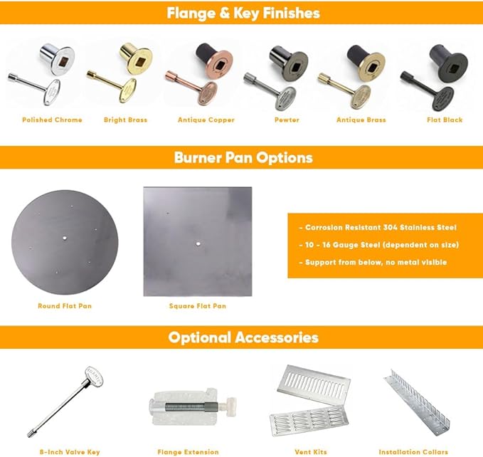 AFG Match Lit Fire Pit Burner Kit (SS-FR-24KIT-PAN-LP-MSCB), Round, 24-Inch Burner, 30-Inch Flat Pan, Propane, Polished Chrome, with Flange, Key, Valve, Flex Line and Fittings