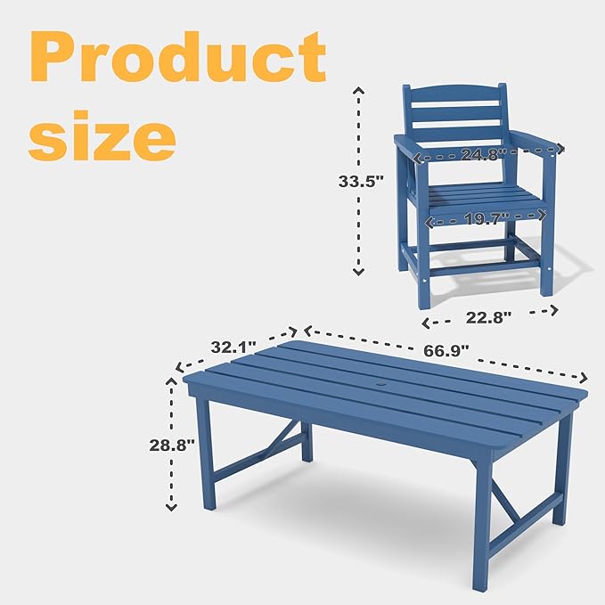 Kingdura 7 Piece Patio Dining Set for 6, HDPE Outdoor Table & Chairs with Umbrella Hole, All-Weather Outdoor Furniture Patio Conversation Set for Lawn Pool Backyard, Navy Blue
