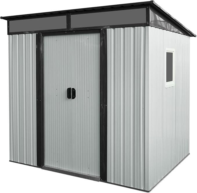 6X5 FT Outdoor Storage Shed, Waterproof Metal Garden Sheds with Lockable Door, Steel Tool Storage Buildings Shed & Outdoor Storage House for Garden, Backyard, Patio, Lawn, Trash Cans(White + Black)