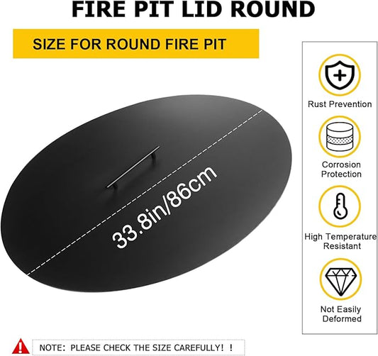 34" Fire Pit Cover Lid Round Outdoor Fireplace Cover Lid Heat Resistant Flat Fire Pit Burner Pan Cover for Round Patio Fire Pit Prevent Sparks, Snuff Campfire