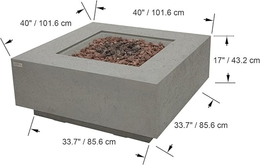AMS Creations | Brooklyn 40" Bundle Square Natural Gas Outdoor Fire Pit Table | Light Gray Concrete GFRC | Limestone Texture Surface Fire Pit Table