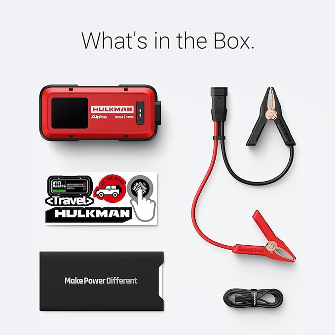 Hulkman Alpha,Ultra Red,1000A 37Wh Jump Starter, Lightweight, Stylish,12V Jump Box with Jumper Cables,45-Min Full Recharge,24-Month Standby,3-Step Easy Start,IP65,LED Display,for 6.5L Gas/3.0L Diesel