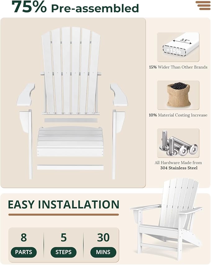 BRIOPAWS Adirondack-Chair | Fire Pit Chair | Oversized | HDPE Plastic | Weather Resistant | for Deck Outdoor Poolside Campfire | White