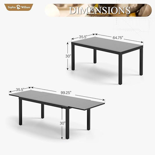 Sophia & William Expandable Patio Dining Table, Extra Large 99.2" L x 35.5" W Outdoor Dining Table for 6-10 Person Metal Rectangular Patio Table with E-Coating for Garden Porch Deck (Black)