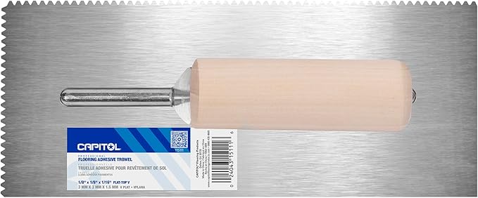 Capitol 115111 Professional Flooring Adhesive Trowel-1/8” x 1/8" x 1/16" Flat-Top V-Notch, Silver/Light Wood