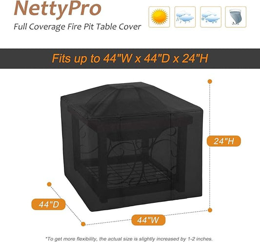 NettyPro Fire Pit Cover Square Waterproof Outdoor Firepit Cover for Gas Propane Fire Pit Table, 44 x 44 x 24 inch, Black