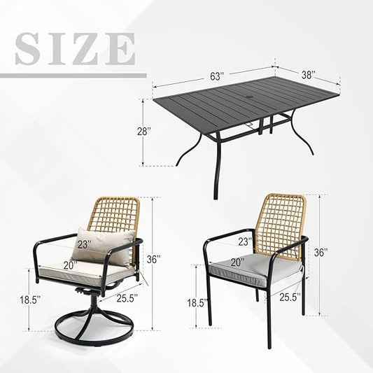 7-Piece Patio Dining Set, 63'' Rectangular Outdoor Table and 2 Wicker Swivel Rattan Chairs & 4 Wicker Stackable Rattan Chairs with Cushions, All Weather Frame Furniture Set