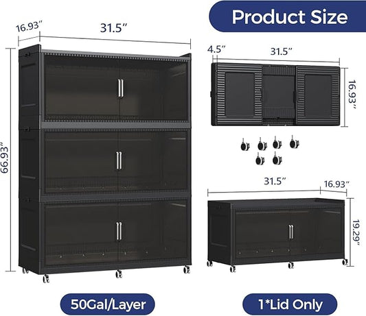 600QT Extra Large Storage Bins with Lid and Wheels, 150Gal Stackable Closet Organizers and Storage Cabinet, Collapsible Storage Box Drawer with Doors for Home Kitchen Office Dorm, 3Pack Black