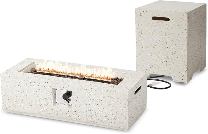 SUNBURY Outdoor Propane Fire Pit Table, 42 Inch Rectangular Firepit 40,000 BTU Heater Spotted White Patio Gas Fire Table Set with Conrete Tank Cover Small Side Table for Outside Poolside Deck