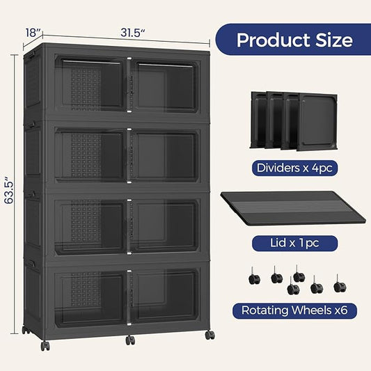 800 QT Extra Large Stackable Storage Bins with Lid, 200 Gal Collapsible Storage Box with Wheels, Folding Closet Organizers and Storage Cabinet with Doors for Home, Kitchen, Office, 4Pack Black
