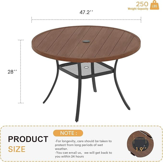 VICLLAX 47.2" Round Patio Table for 6, All Weather Metal Outdoor Dining Table with Adjustable Umbrella Hole, Walnut Wood-Like Tabletop