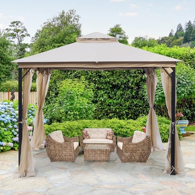 Outdoor Patio Gazebo 10x10, Heavy Duty Gazebos, Soft Top Gazebo with Metal Frame, Double Roof Canopy, Mosquito Nets, Permanent Pavilion for Decks & Backyards