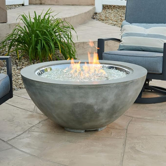 Outdoor GreatRoom Co Propane Fire Pit Table - Cove Gas Fire Pits for Outside Patio - 42 Inch Round Bowl Concrete Firepit Fire Table with Glass Tabletop Cover, Tempered Clear Glass Gems, 105,000 BTU