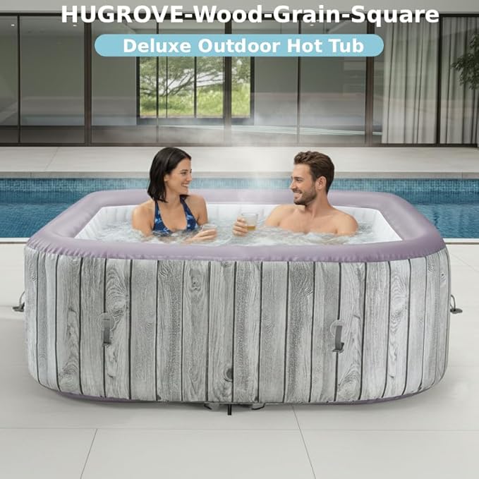 HUGROVE Square Inflatable Hot Tub for 4-6 Person, Portable Outdoor Spa with 130 Bubble Jets, Energy-Efficient Heating up to 100 °F, Smart Control, PVC Material, with Cover (Square)