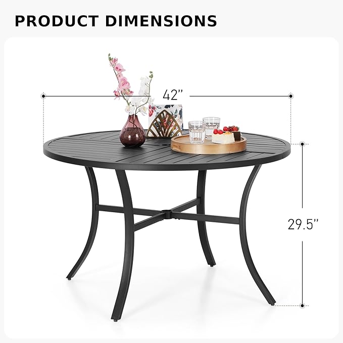 MFSTUDIO 5 PCS Patio Dining Set with 42” Round Metal Table and 4 Pieces Padded Extra Large Sling Chairs, Umbrella Hole, Outdoor Furniture for 4