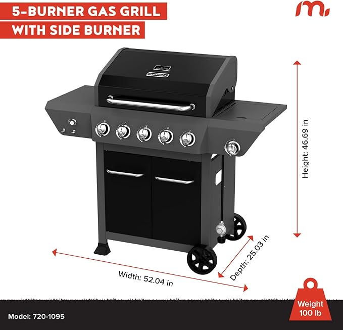 Megamaster 5-Burner Gas Grill with Side Burner, 66,000 BTUs, 753 SQ. In. Cooking Area, 2 Wheel Transport, Propane BBQ Grill with for Outdoor Cooking, Patios, and More - 720-1095