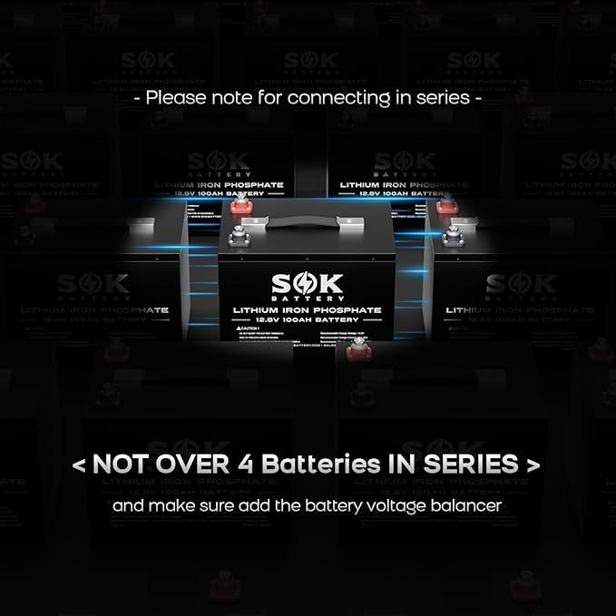 SOK Battery 100Ah 12V 2-Pack LiFePO4 Deep Cycle Lithium Iron Phosphate Batteries - Ideal for RVs & Off-Grid Use with Low-Temperature Protection.