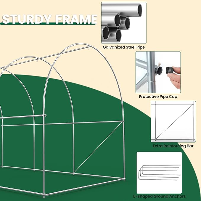 Walk-in Greenhouse 13×8×7FT, Outdoor Tunnel Greenhouse, Large Plant Hoop House for Outside, Hot House for Winter with 6 Ventilated Mesh Windows, Galvanized Steel Frame (Green, 13×8×7FT)