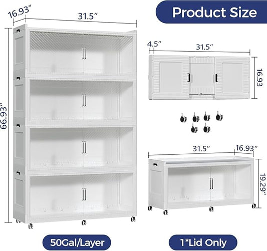 800QT Extra Large Storage Bins with Lid and Wheels, 200Gal Stackable Closet Organizers and Storage Cabinet, Collapsible Storage Box with Doors for Home Kitchen Office Dorm, 4Pack White Clear