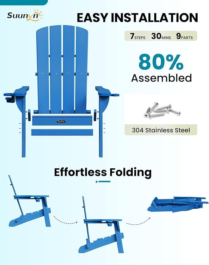 Folding Adirondack Chair 4 Pack, HDPE All-Weather Fire Pit Chairs, Plastic Adirondack Chairs with 2 Cup Holder, Outdoor Lawn Chair for Patio Garden (Royal Blue)