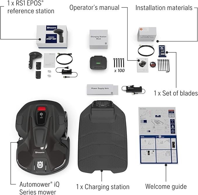 Husqvarna 420iQ Automower Robotic Mower, 1 Acre Mowing Capacity, Wire Free Robot Lawn Mower with Charging Station, RS1 EPOS Reference Station and Replacement Blades