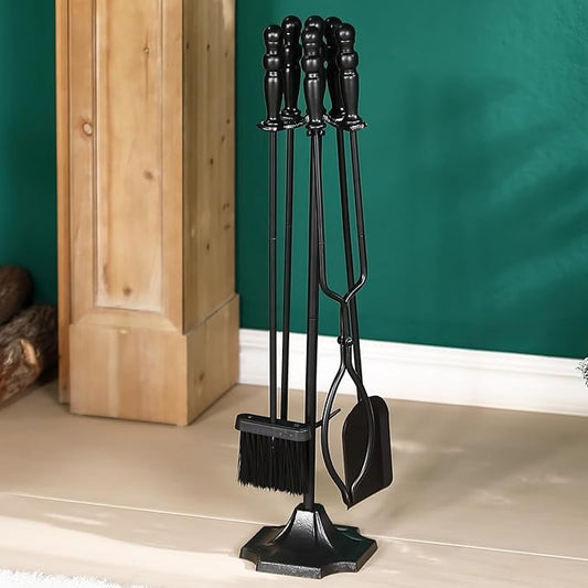 5 Pcs Fireplace Tools Set, Heavy Duty Cast Iron Fire Place Poker Set with Black Handle, Complete Kit with Base, Poker, Shovel, Tongs, Brush for Indoor Hearth or Outdoor Fire Pit