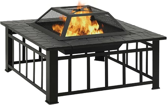 Zateety Outdoor Fire Pit - 31.9" Firepit with Mesh Cover & Poker - Wood Burning Warming Firepits, Preventing Sparks from Splashing, Patio Outdoor Fireplace for Backyard & Gardern