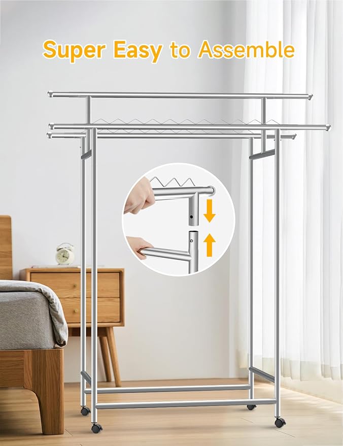 SAN LIKE Garment Rack with Wheels, Heavy Duty Load 550 lbs 3-Rod Standing Clothing Rack 3.8' to 6.4' Extendable Metal Clothes Rack, Portable Foldable Drying Rack for Clothes, Quilt, Comforter, Blanket