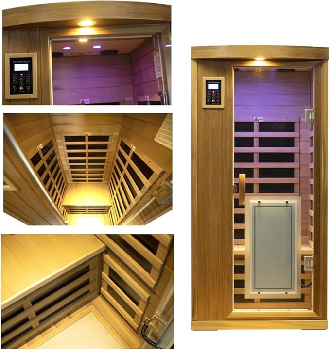Far Infrared Sauna Room 1-2 Person Infrared Home Saunas, 8 Low EMF Heating Panels, 1510 Watts Red Cedar Wood Sauna with Door Heating Panel, LCD Display-Control, Blue-tooth Audio, Outdoor Lamp