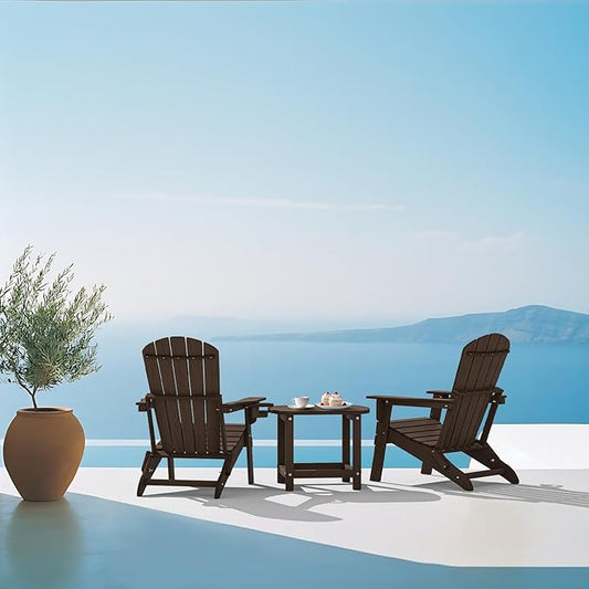 Plawdlik Folding Adirondack Chair Set of 2, Cup Holder,Wooden Textured ,Heavy All-Weather HDPE Comfortable Set Poolside Backyard Lawn Coffee