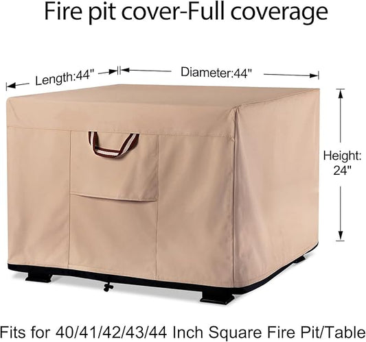 QH.HOME Fire Pit Cover Square-40-44 Inch Heavy Duty 900D Strong Tear-Resistant and UV Resistant and Waterproof and Fading Resistant Material Polyester Firepit Covers for Outdoor Fire Table-Wheat