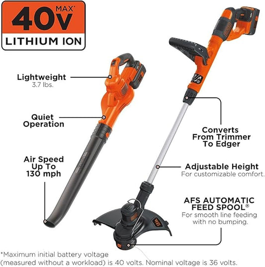 BLACK+DECKER 40V Max Cordless Leaf Blower and Weed Eater Combo with Battery and Charger, String Trimmer and Weed Wacker with Automated Feed Spool (LCC340C)