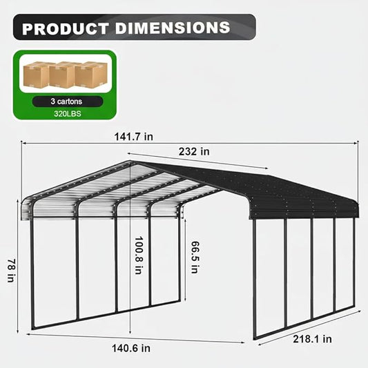 12x20FT Metal Carport Kits, Heavy Duty Car Ports on Clearance with Galvanized Metal Roof, Outdoor Garage Car Shelter Shade for Car, Boats and Truck (Dark Gray), Gift for Dad