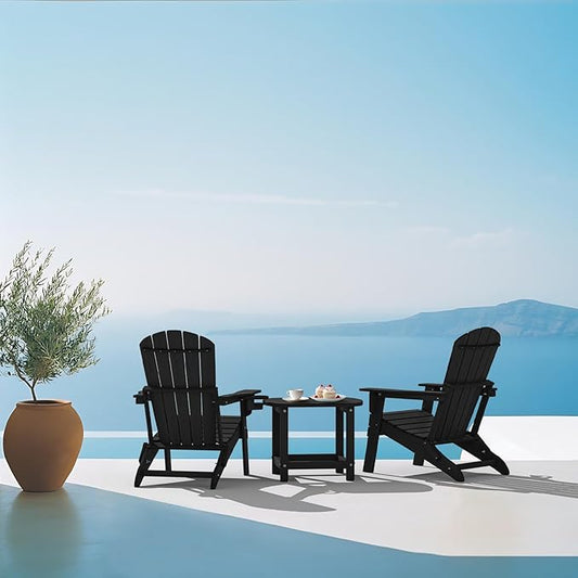 Plawdlik Folding Adirondack Chair Set of 4, Cup Holder,Wooden Textured ,Heavy All-Weather HDPE Comfortable Set Poolside Backyard Lawn Black