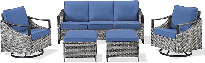 5 Pieces Patio Furniture Sets - All Weather Outdoor Swivel Rocker Patio Chairs with 3-Seat Sofa and Multifunctional Ottomans, Outdoor Conversation Set for Garden Porch Balcony Deck Gray/Blue
