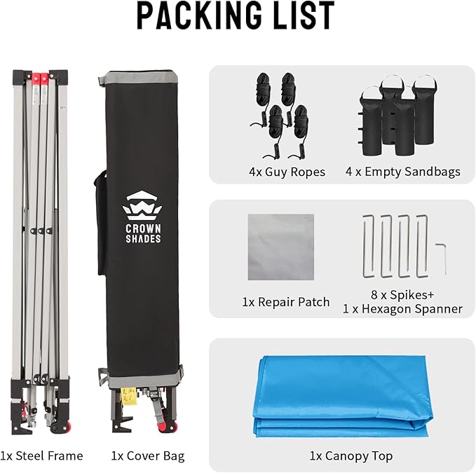 CROWN SHADES 8x8 Pop Up Canopy, Patented Center Lock One Push Instant Popup Outdoor Canopy Tent, Newly Designed Storage Bag, 8 Stakes, 4 Ropes, Silver-Coated Sky Blue