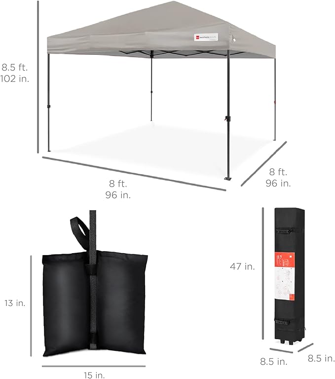 Best Choice Products 8x8ft 1-Person Setup Pop Up Canopy Tent Instant Portable Shelter w/ 1-Button Push, Case, 4 Weight Bags - Light Gray