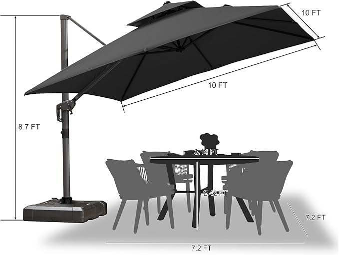 PURPLE LEAF 10ft Umbrella Outdoor Patio Square Umbrella Large Cantilever Umbrellas Windproof Heavy Duty Hanging Offset Umbrellas for Garden Deck Pool Patio, Graphite Grey