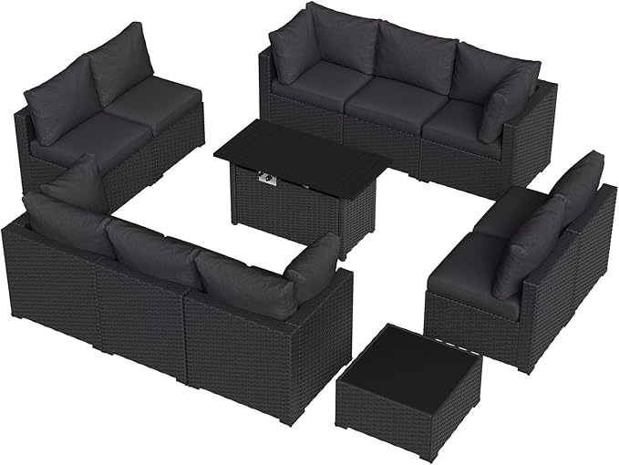 Aoxun 12 Piece Patio Furniture Set with 44” Fire Pit Table Wicker Rattan Patio Sectional Sofa Set Outdoor Seating Furniture with Thickened Cushion, Black
